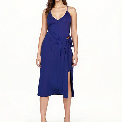 Damen Wickelkleid mit verstellbaren Spaghettiträgern und elegantem Schlitz Fudus