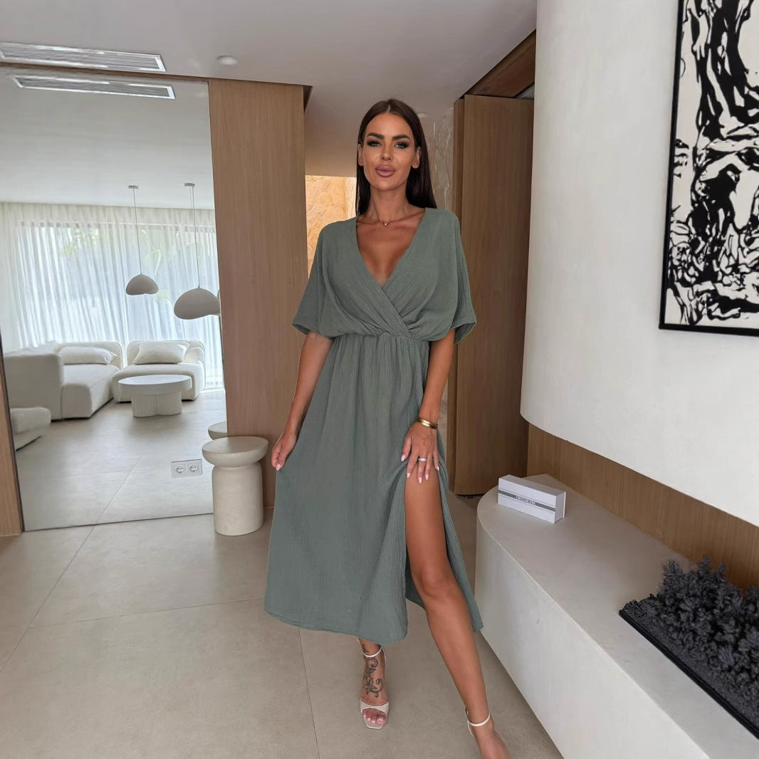 Damen Wickelkleid mit fließendem Schnitt und elegantem Schlitz Fudus