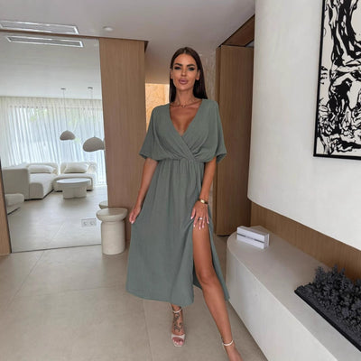 Damen Wickelkleid mit fließendem Schnitt und elegantem Schlitz Fudus