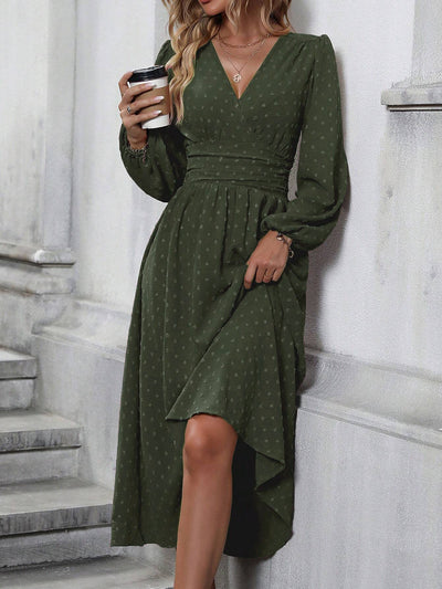 Damen Elegantes Maxi-Kleid mit V-Ausschnitt und Puffärmeln Fudus