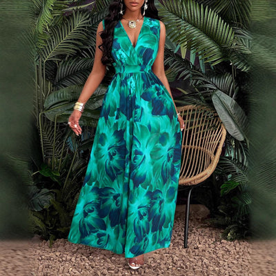 Damen Maxi-Kleid mit elegantem V-Ausschnitt und floralem Print Fudus