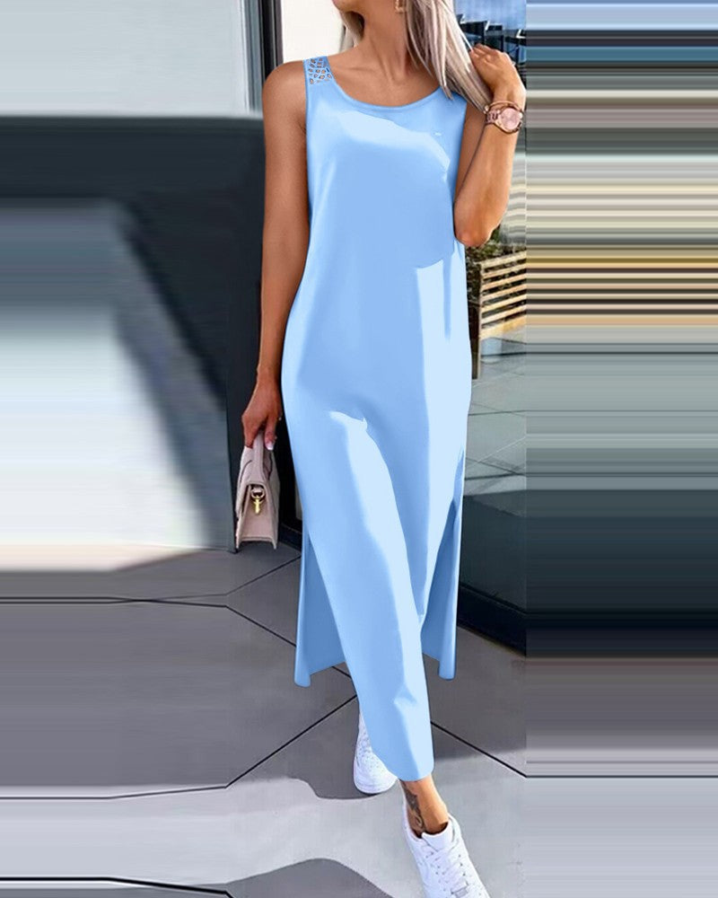 Damen lässiges Longdress mit seitlichen Schlitzen und feinen Spitzenakzenten Fudus