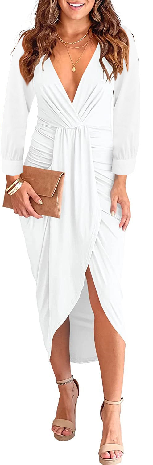 Damen Wickel-Kleid mit tiefem V-Ausschnitt und seitlichem Schlitz Fudus