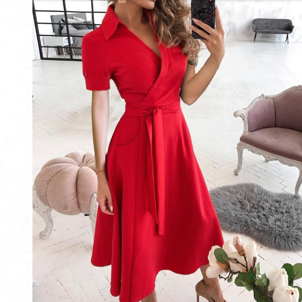 Damen Wickelkleid mit Kragen und taillierbarem Gürtel Fudus