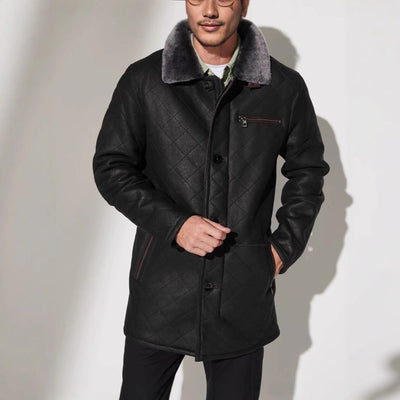 Herren gesteppter Kunstleder-Mantel mit Teddyfell-Kragen Aliams