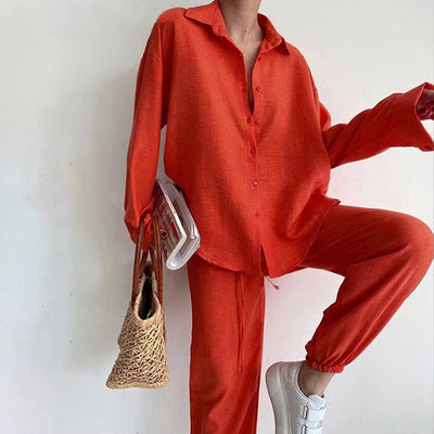 Damen Set aus lässigem Button-Up-Hemd und weit geschnittenen Pants Fudus