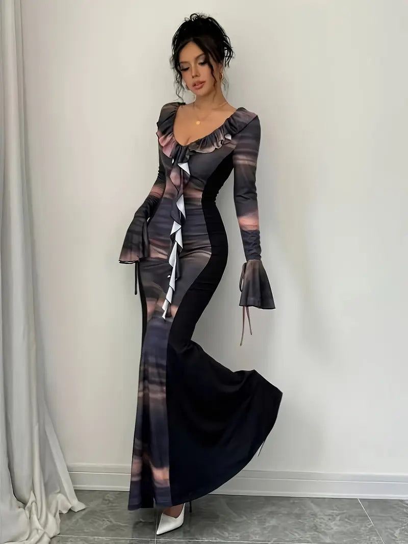 Damen Elegantes Maxi-Kleid mit Rüschen und Farbverlauf Fudus