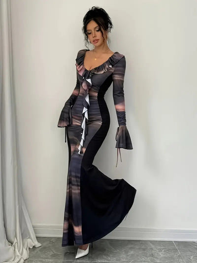 Damen Elegantes Maxi-Kleid mit Rüschen und Farbverlauf Fudus