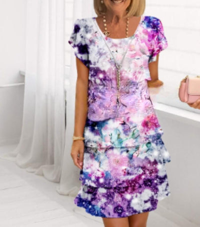 Damen Fließendes Maxi-Kleid mit eleganten Volant-Details und kreativem Grafikmuster Fudus