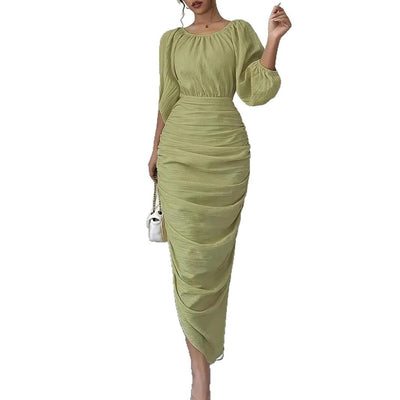 Damen Elegantes und figurbetontes Maxikleid mit Puffärmeln Fudus