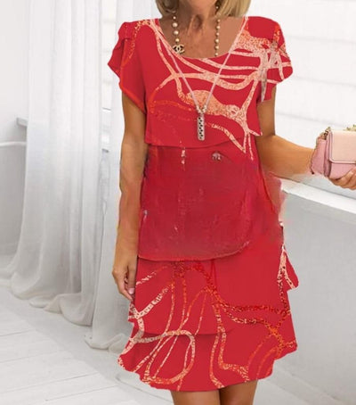 Damen Fließendes Maxi-Kleid mit eleganten Volant-Details und kreativem Grafikmuster Fudus