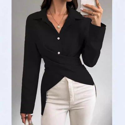 Damen Wickelbluse mit eleganten Knopfdetails und fein strukturiertem Stoff Fudus