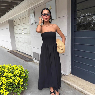 Damen Maxikleid mit elastischem Oberteil und fließendem Rock Fudus