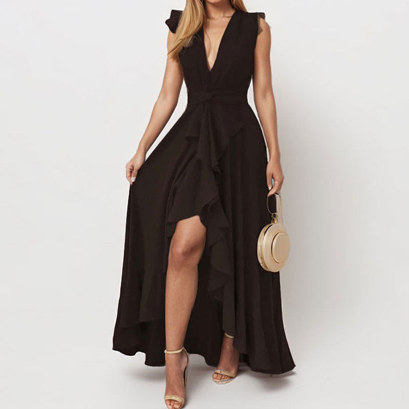 Damen Maxikleid mit voluminösen Rüschendetails und tiefem V-Ausschnitt Fudus