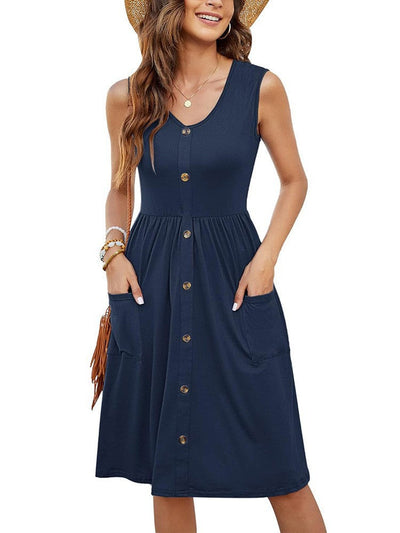 Damen Lässiges Midi-Kleid mit Knopfdetails und praktischen Taschen Fudus