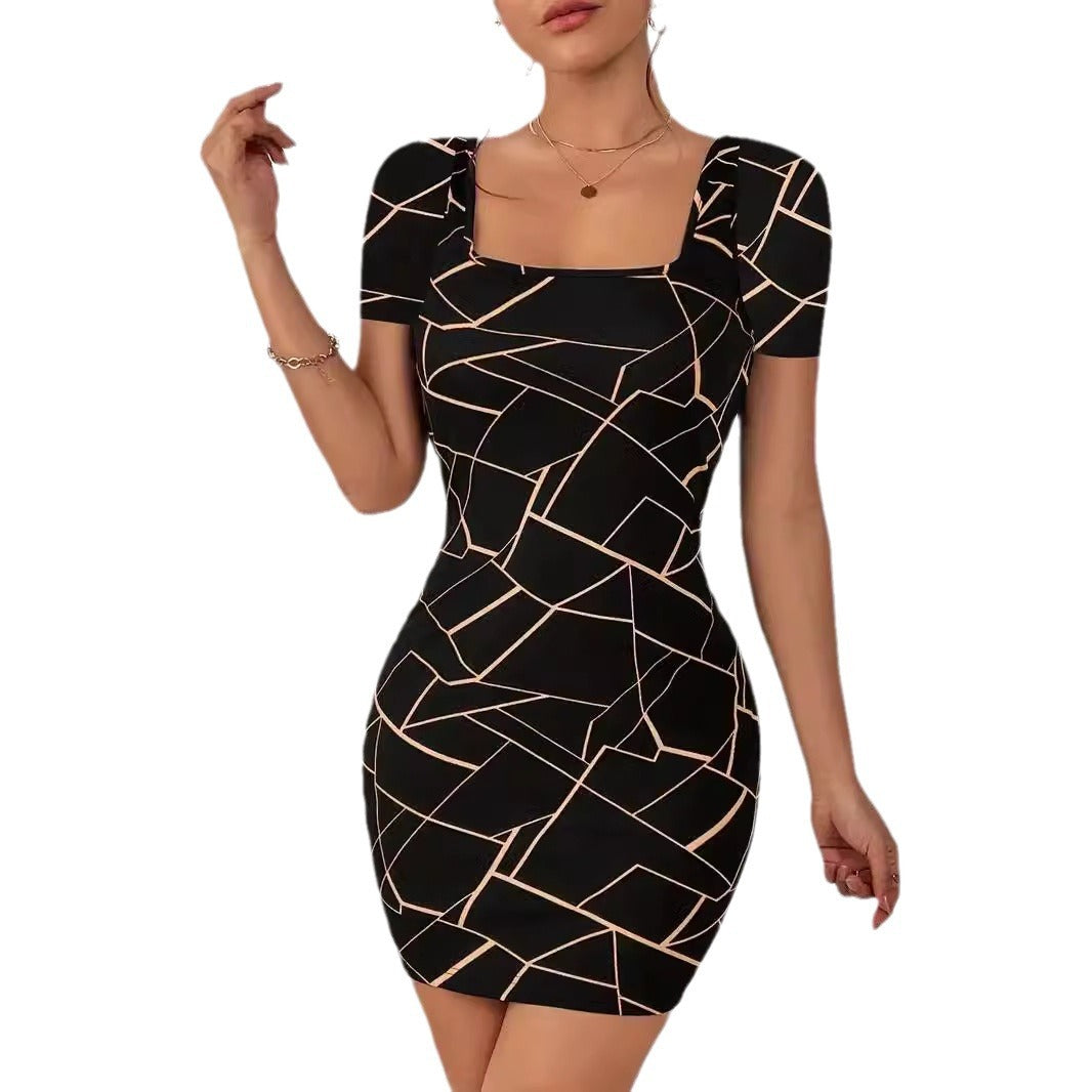 Damen figurbetontes Minikleid mit quadratischem Ausschnitt und geometrischem Design Fudus