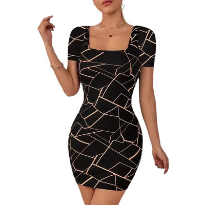 Damen figurbetontes Minikleid mit quadratischem Ausschnitt und geometrischem Design Fudus