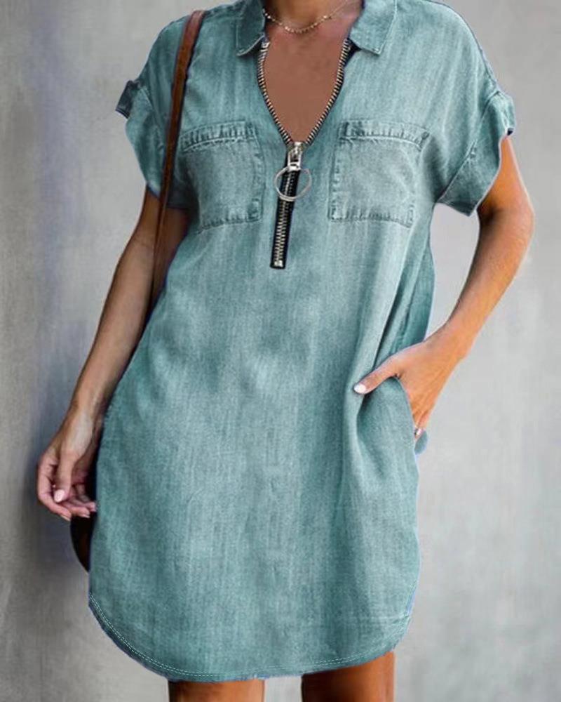 Damen Denim-Kleid mit kurzem Arm und Reißverschluss Fudus