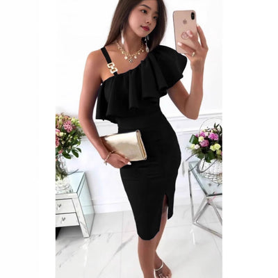 Damen Cocktailkleid mit asymmetrischem Rüschenschnitt Fudus