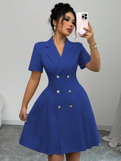 Damen klassisches Knopfkleid mit tailliertem Schnitt und Faltenrock Fudus