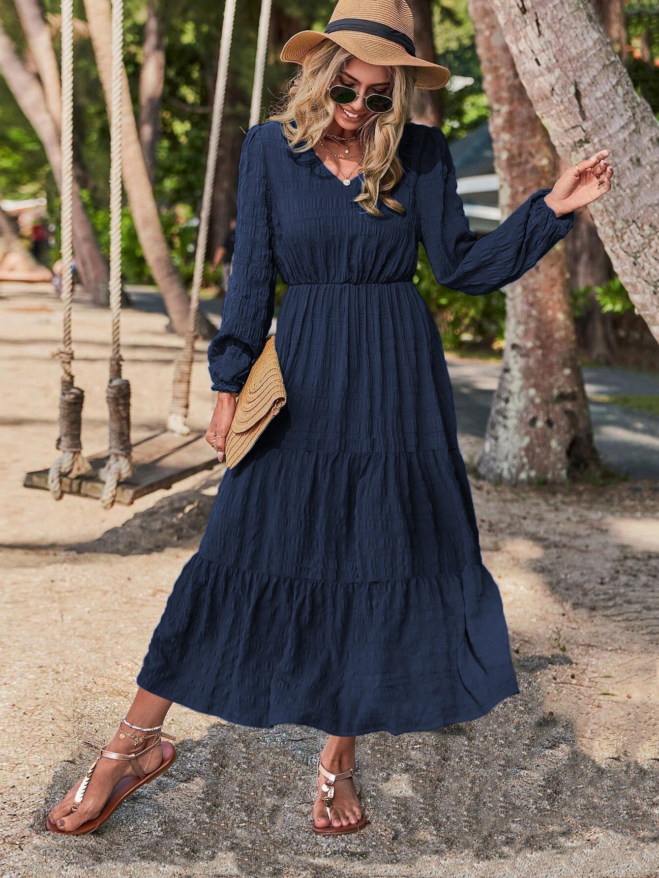 Damen elegantes Maxi-Kleid mit V-Ausschnitt und Volants Fudus