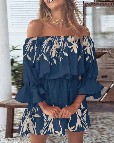 Damen luftiges Off-Shoulder Kleid mit Rüschendetails und floralem Muster Fudus