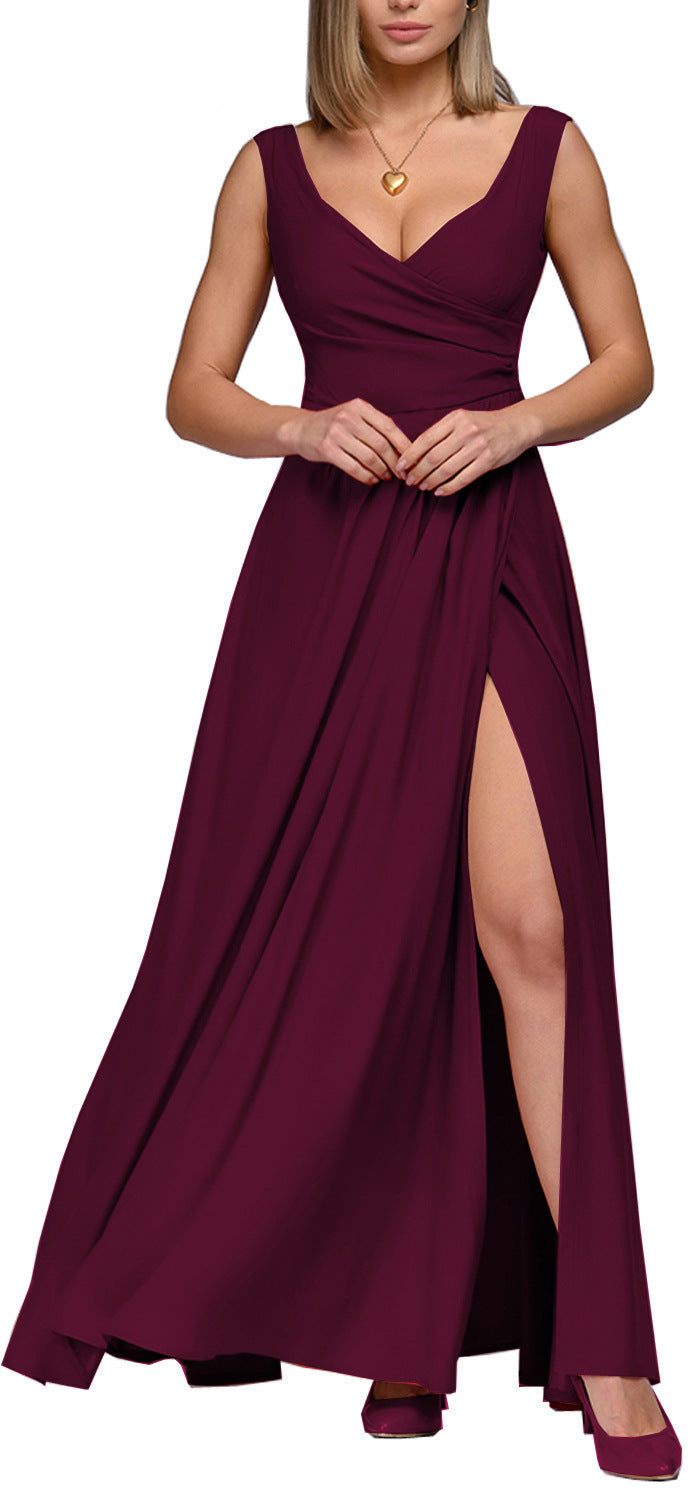 Damen Elegantes Maxikleid mit seitlichem Schlitz und raffiniertem V-Ausschnitt Fudus