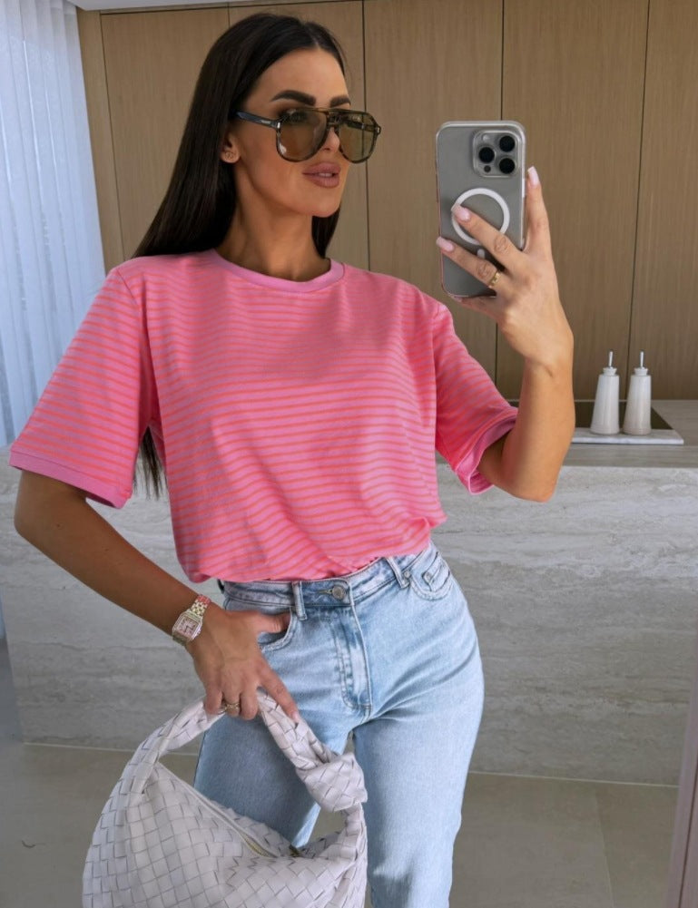 Damen lässiges gestreiftes T-Shirt aus hochwertiger Baumwolle Fudus