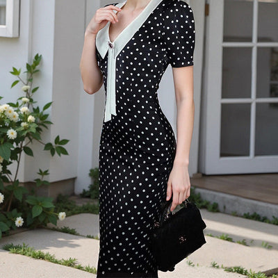 Damen figurbetontes Polka-Dot Kleid mit schickem Kragen Fudus