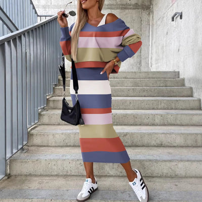 Damen lässiger Pullover mit asymmetrischem Schnitt und eleganter Karo-Midirock Fudus