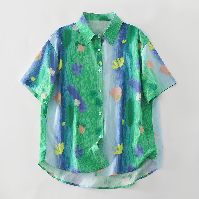 Damen Kurzarmbluse mit buntem Muster und entspannter Passform Fudus