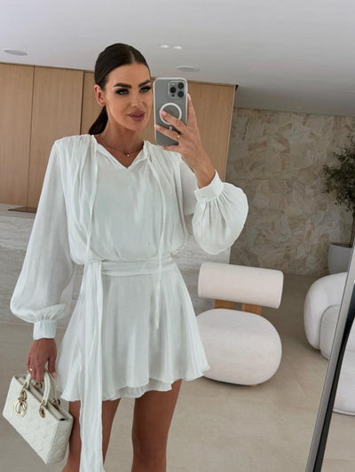 Damen luftiges Minikleid mit eleganter Schlaufe und voluminösen Ärmeln Fudus