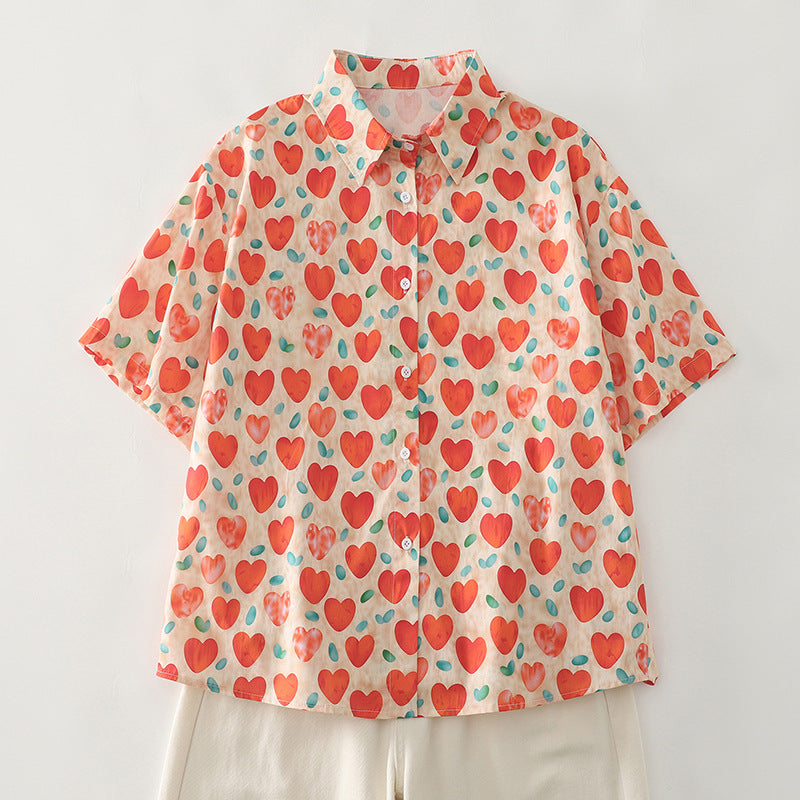 Damen Kurzarm-Hemd mit Herzmuster Fudus