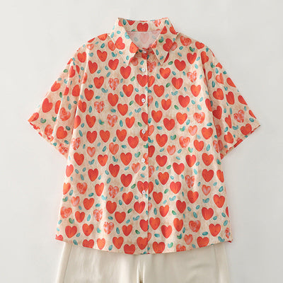 Damen Kurzarm-Hemd mit Herzmuster Fudus