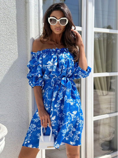 Damen Off-Shoulder Strandkleid mit Rüschendetails und Taillengürtel Fudus