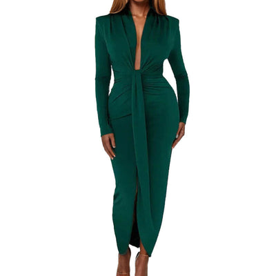 Damen Maxikleid mit tiefem V-Ausschnitt und eleganter Drapierung Fudus