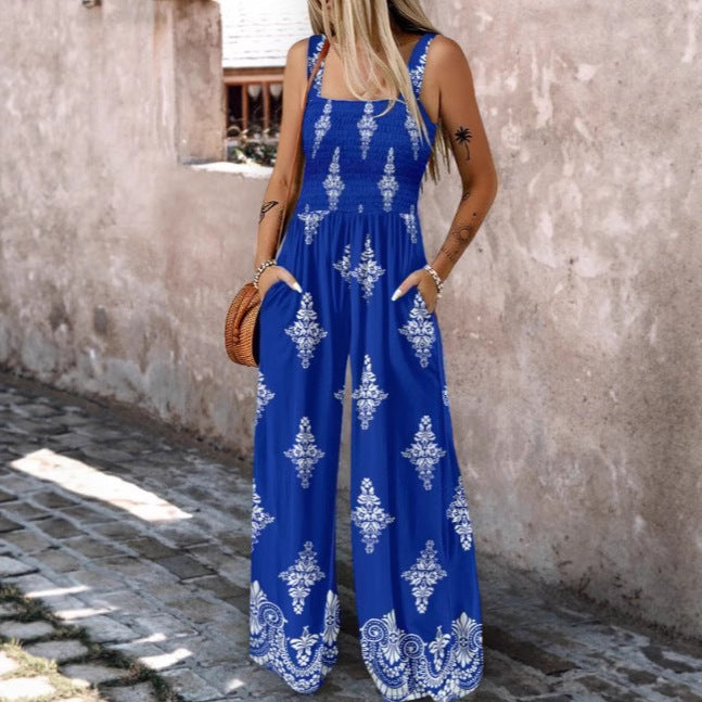 Damen luftiger Jumpsuit mit floralem Design und praktischen Taschen Fudus