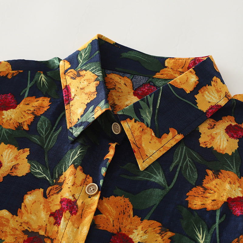 Damen Kurzarmhemd mit buntem Blumenmuster und elastischem Stoff Fudus