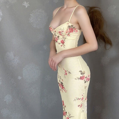 Damen Maxikleid mit floralem Design und feinen Spaghettiträgern Fudus