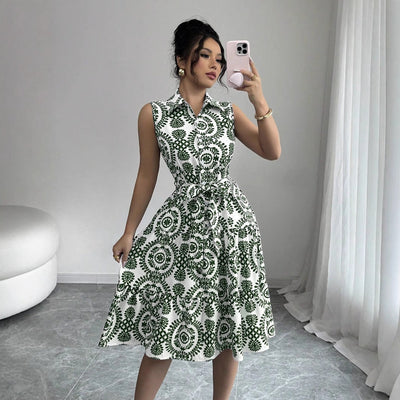 Damen Midikleid mit floralem Muster und taillierbarem Gürtel Fudus