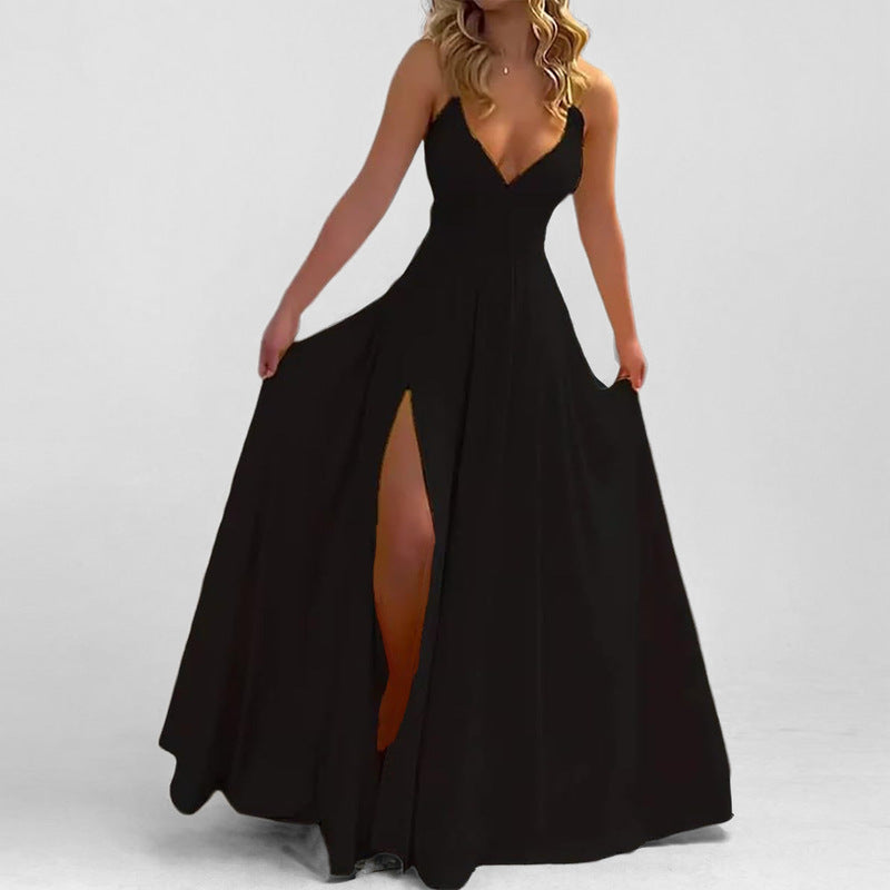 Damen Maxikleid mit elegantem tiefem V-Ausschnitt und hohem Schlitz Fudus