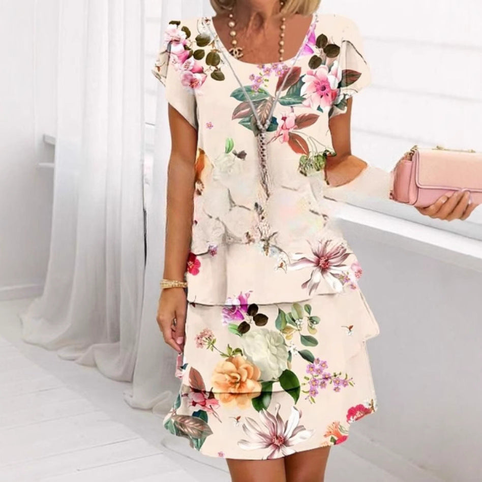 Damen Fließendes Maxi-Kleid mit eleganten Volant-Details und kreativem Grafikmuster Fudus