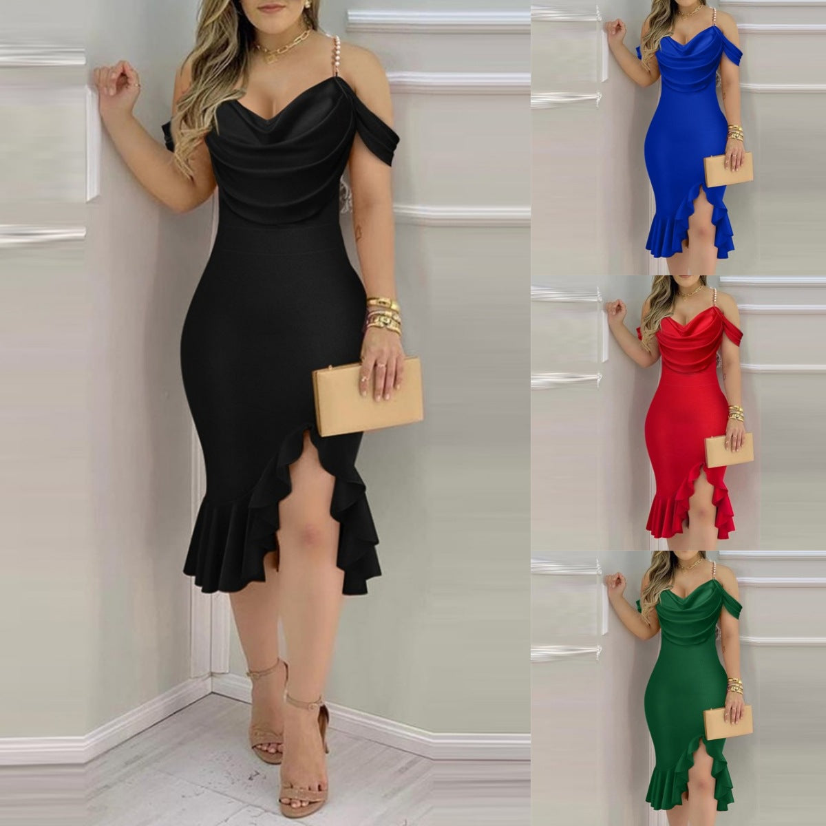 Damen figurbetontes Wickelkleid mit Volant-Details Fudus