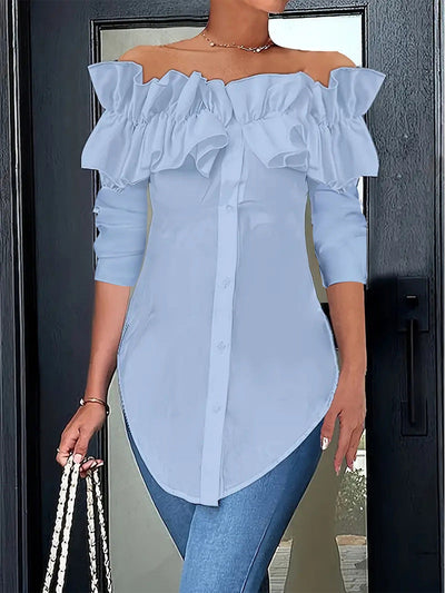 Damen Off-Shoulder Bluse mit Rüschen und Knopfdetails Fudus