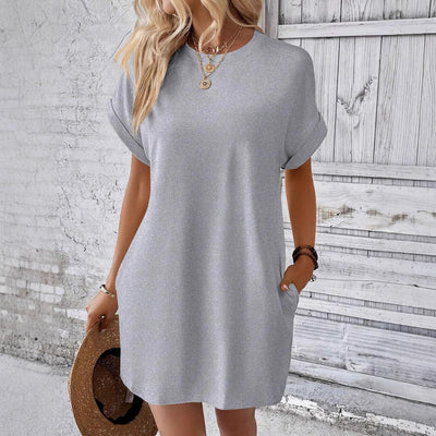 Damen lässiges T-Shirt-Kleid mit praktischen Taschen und Rundhalsausschnitt Fudus