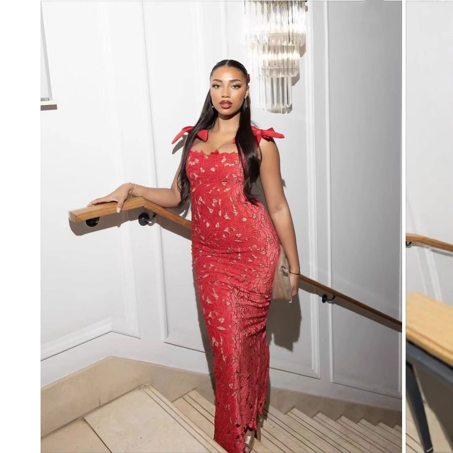 Damen Spitzenentwurf Kleid mit eleganten Schleifen Fudus