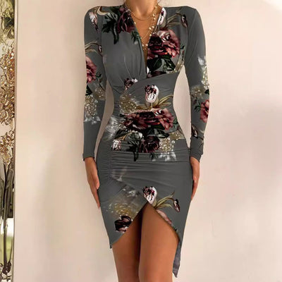 Damen figurbetontes Cocktailkleid mit schickem Rüschendesign und modischem Druck Fudus