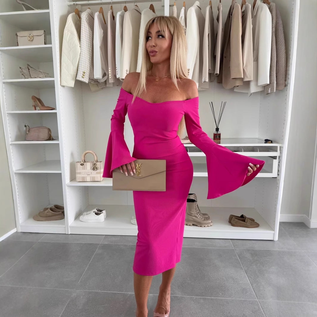 Damen Off-Shoulder Kleid mit Ballonärmeln und figurbetonter Silhouette Fudus