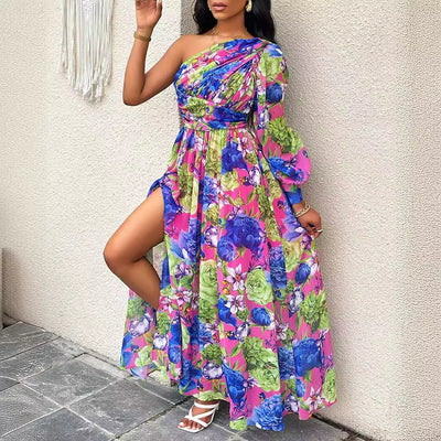 Damen Maxikleid mit asymmetrischem Schnitt und floralem Design Fudus