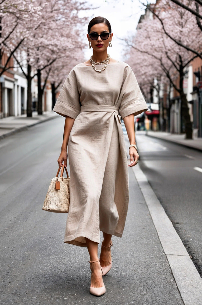 Damen Midi-Kleid mit weit geschnittenen Ärmeln und taillierter Silhouette Fudus